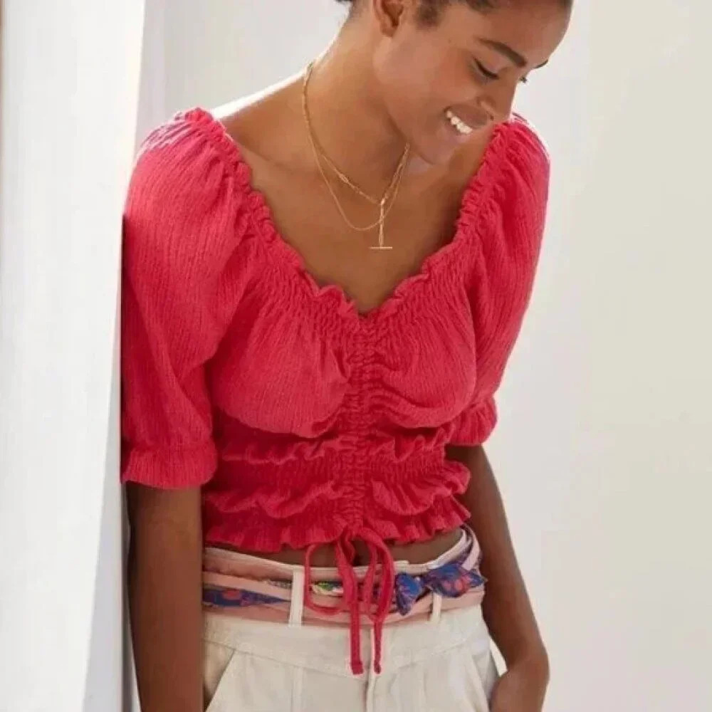 Anthropologie Pilcro | Puff-Sleeved Cinched Waist Top in Rose/Tyrie - Size XL